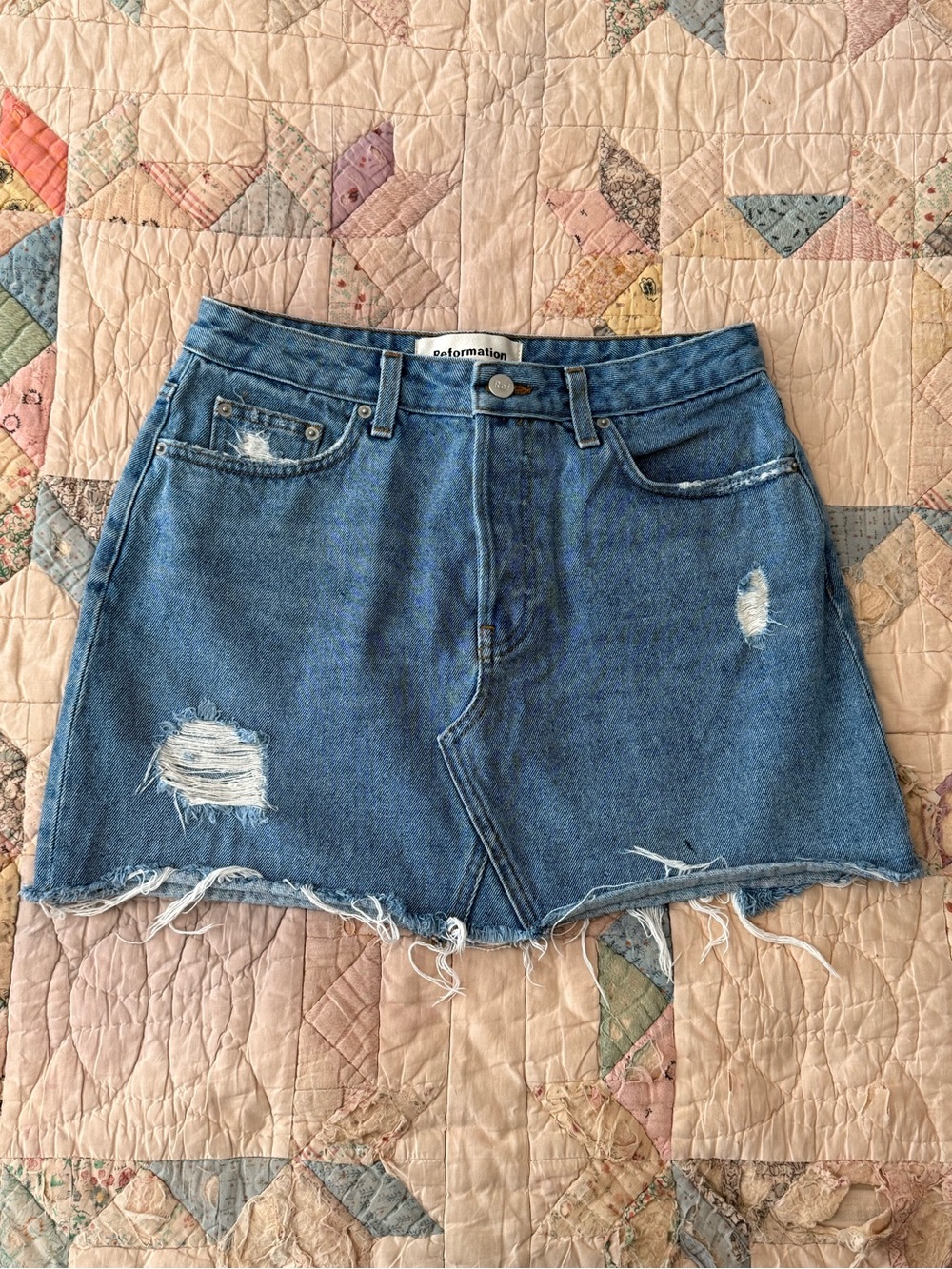 Reformation Distressed Denim Mini Skirt | Size 28 | Raw Hem Medium Wash